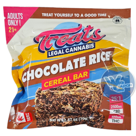 Experience the perfect fusion of decadent chocolate and crispy rice with the Treats Chocolate Rice Cereal Bar. Infused with a 25:1 CBD:THC ratio and containing 100mg Delta9, each bite offers a delightful combination of flavors and the potential benefits of THC. Enjoy anytime, anywhere for a delicious and elevated experience.