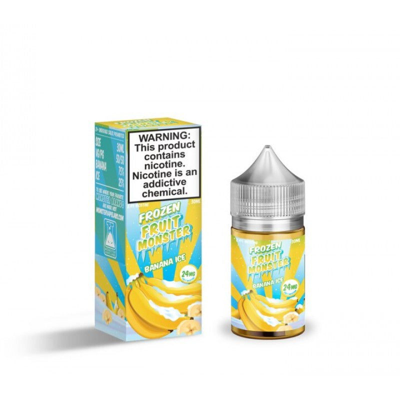 Banana Ice Salts by Frozen Fruit Monster is a blend of bananas with a icy fresh menthol kick . (50/50 vg/pg)