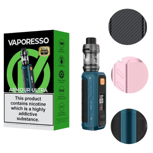 Vaporesso Armour Ultra vaping device and packaging with close-up details on a white background.