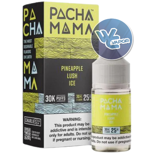 Pacha Mama Pineapple Lush Ice vape juice packaging with a blue WC Vapor logo