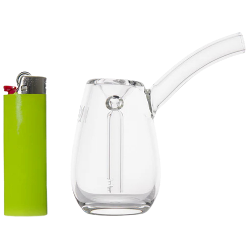 Clear glass smoking device with a green lighter on a white background