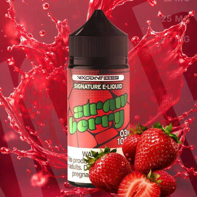 Strawberry e-liquid bottle with red liquid splashes on a red background, featuring the Nixodine brand.