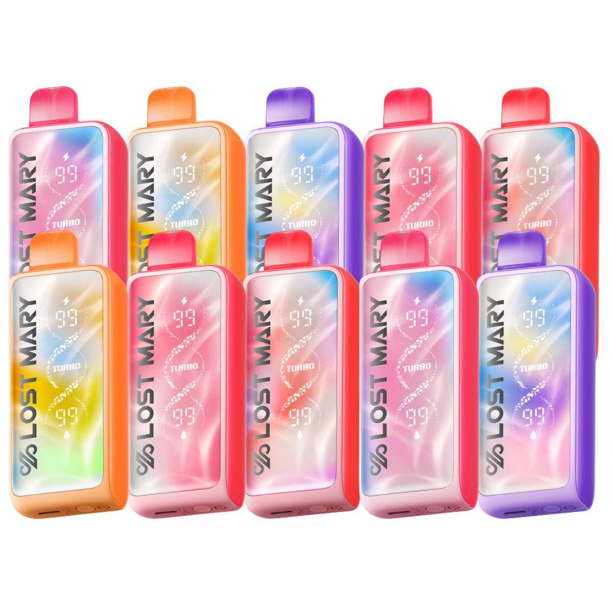 Set of Lost Mary vape devices with colorful designs on a white background