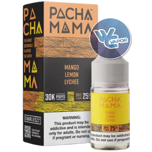 Pacha Mama vape juice packaging with a bottle and WC Vapor logo.