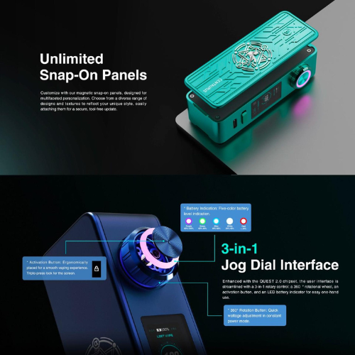 Customize the Centaurus M100 with snap-on panels featuring various designs and textures. The user-friendly QUEST 2.0 chipset allows for easy one-handed operation with a 360° rotating wheel, activation button, and LED battery indicator.