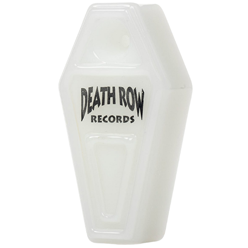 White coffin-shaped container with 'Death Row Records' text on a white background