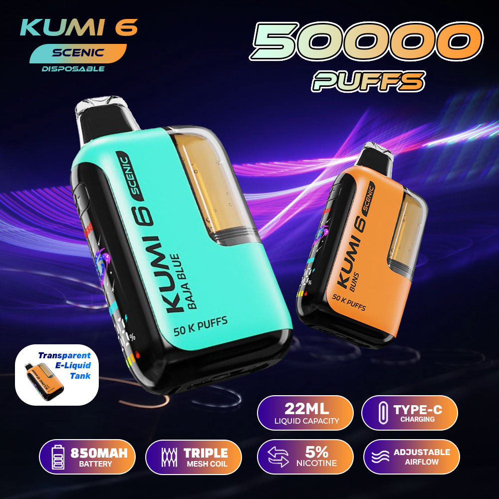 Two KUMI 6 disposable vape devices on a dark background with product features displayed.