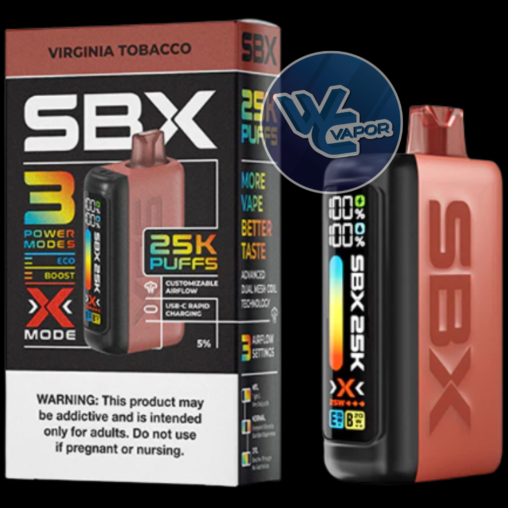 SBX vape device and packaging with Virginia Tobacco flavor on a black background