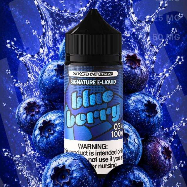 Blueberry e-liquid bottle with blueberries on a blue background, featuring Nixodine branding.