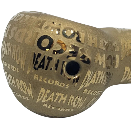 Brass-colored pipe with 'Death Row Records' text on a white background