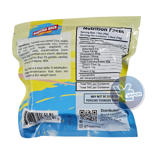 Boost your mind and body with Treats Puffed Rice Cereal Bars. 25:1 CBD:THC ratio, 2600mg cannabinoids, 100mg THC, 2500mg CBD per bar. Perfect for new or experienced users - just take 1/8 or 1/4 bar and wait for the effects. Trust us, it's worth it.