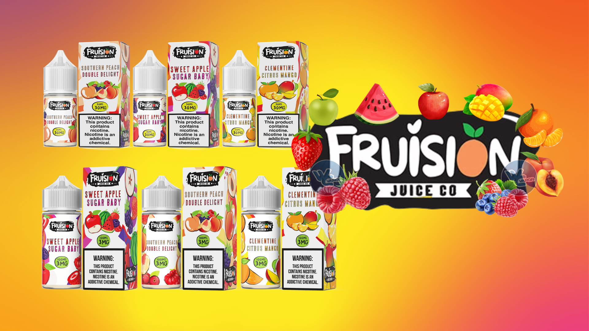 Discover the delightful fruit flavors of Fruision eLiquid including Sweet Apple Sugar Baby, Southern Peach Double Delight, and Clementine Citrus Mango!