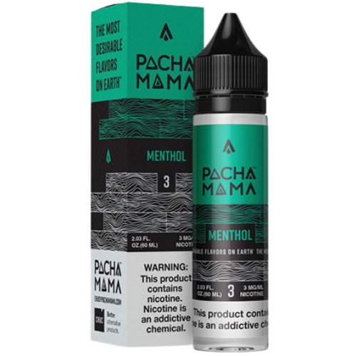 Pacha Mama Menthol vape juice bottle and packaging on a white background