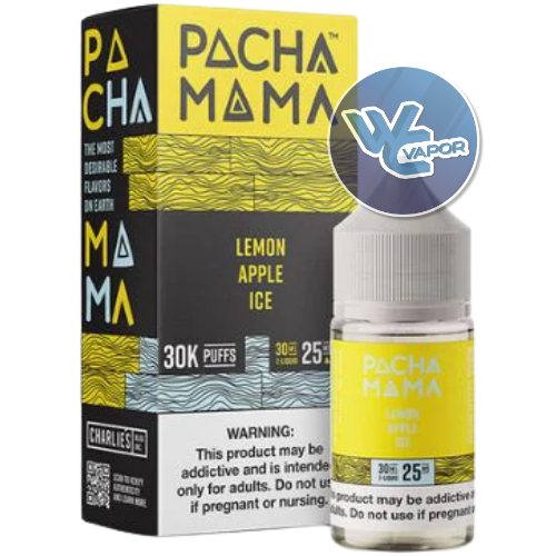 Pacha Mama Lemon Apple Ice vape juice packaging with a blue WC Vapor logo