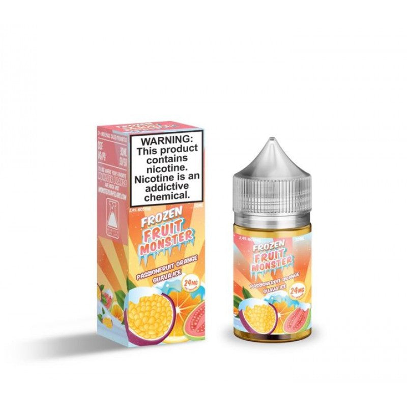 Passionfruit Orange Guava Ice Salts by Frozen Fruit Monster is a combination of passionfruit, orange, and guava with an icy menthol kick. (50/50 vg/pg)