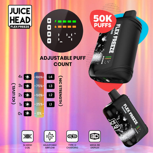 Juice Head Flex Freeze vape device with adjustable puff count and 50K puffs on a colorful background