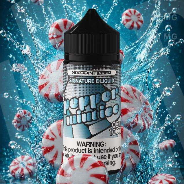 E-liquid bottle with peppermint candies and water splash on a blue background