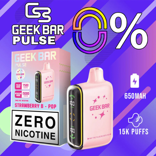 The Geek Bar Pulse 15K Zero Edition is a nicotine-free disposable vape with dual modes offering up to 15,000 puffs in regular mode and 7,500 in pulse mode. It features a full-screen display, dual mesh coil technology for enhanced flavor, and comes in five flavors, all in a user-friendly, auto-draw design.