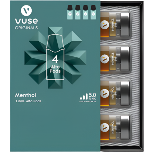 Menthol Vuse Alto Pods are compatible with the Vuse Alto Power Unit. There are 4 pods to a pack.