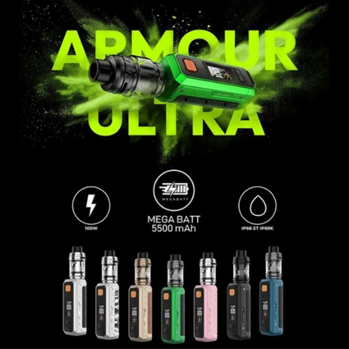 Vaping device with 'Armour Ultra' branding and specifications on a black background