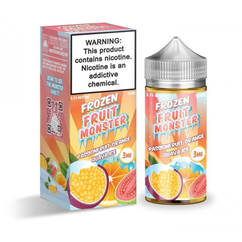 Passionfruit Orange Guava Ice by Frozen Fruit Monster is a combination of passionfruit, oranges, and guava with an icy menthol kick. (70/30 vg/pg)
