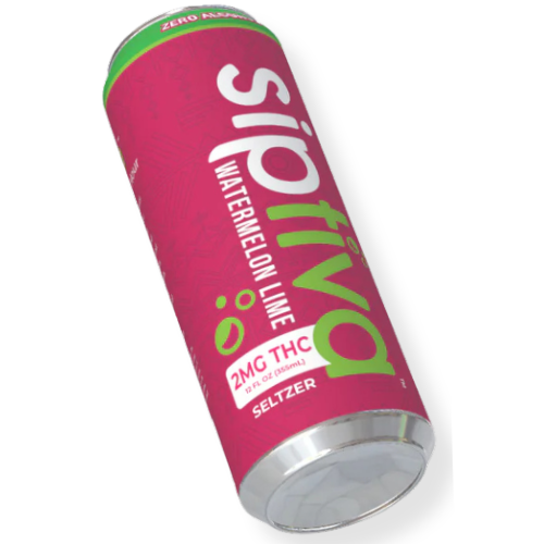 Pink can of Siptiva Watermelon Lime Seltzer with green and white text on a clear background