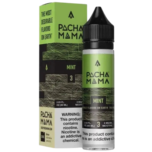 Pacha Mama Mint vape juice bottle and packaging on a white background