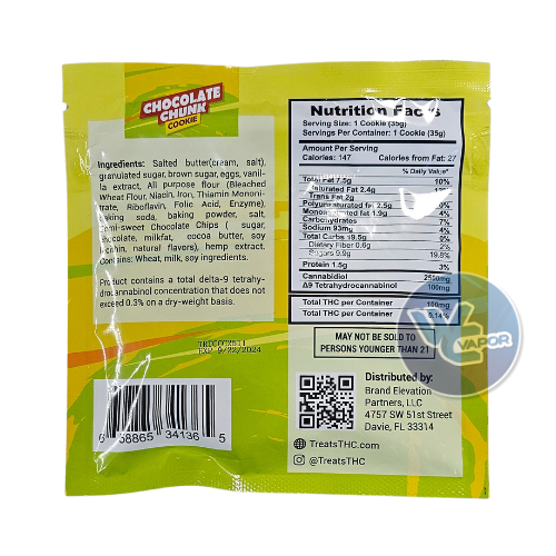 Treats Chocolate Chunk Cookie: 25:1 CBD:THC, 2600mg cannabinoids, 100mg THC, 2500mg CBD. Wait 2 hours for effects to kick in before having more (if you dare!).