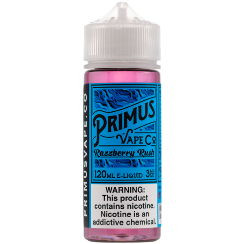Primus Vape Co Razzberry Rush e-liquid bottle on a transparent background