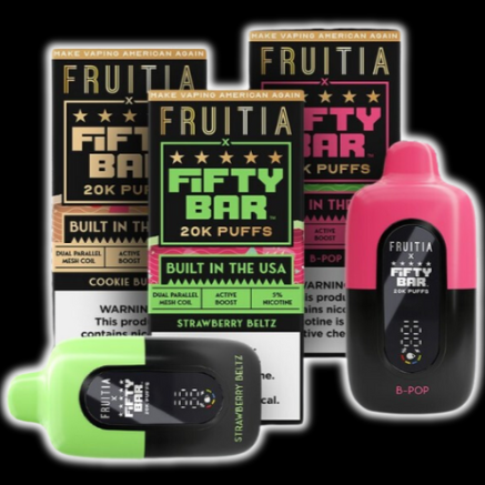 The Fruitia x Fifty Bar 20K Disposable Vape is a collaboration between Fruitia and Fifty Bar by Beard Vape Co., offering an extensive vaping experience with up to 20,000 puffs. It features a 16mL e-liquid capacity with 5% (50mg) nicotine strength, powered by an 800mAh rechargeable battery via USB-C. This device is equipped with a dual parallel mesh coil for superior flavor, a digital display for monitoring e-liquid and battery levels, and adjustable airflow for a personalized vape. Available in a display bo